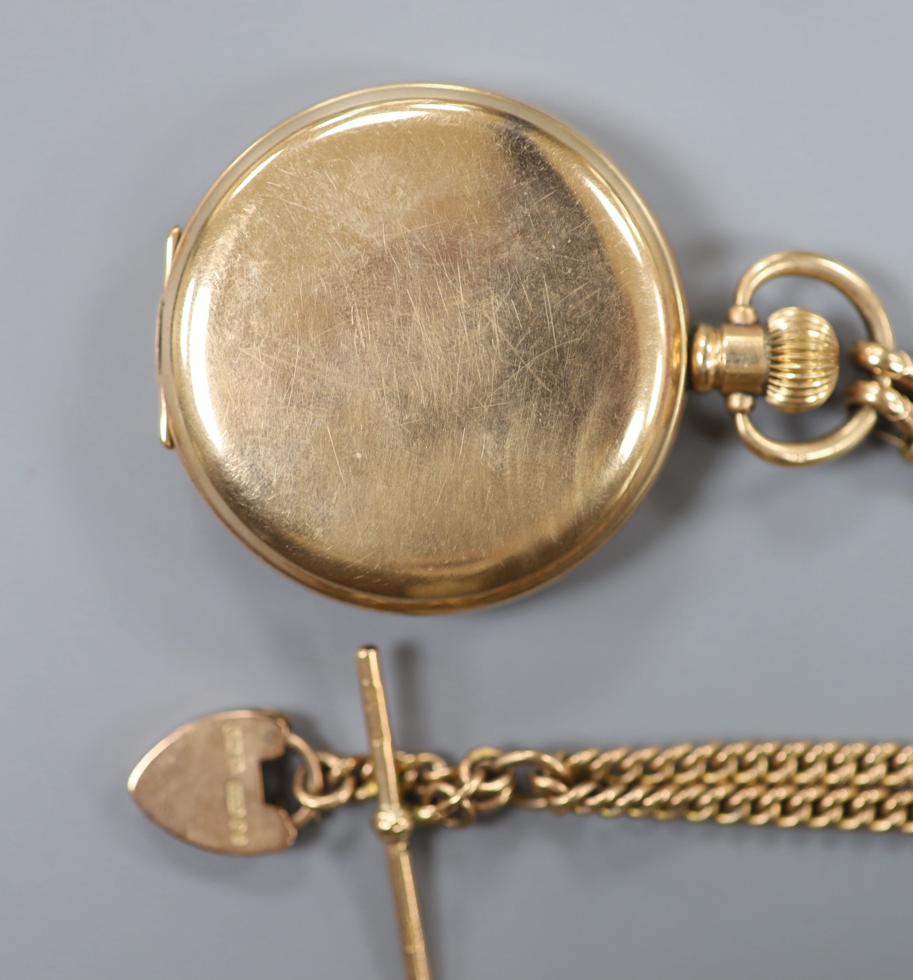 A 9ct gold albert, 44cm, 31.7 grams, together with a gold plated Waltham hunter pocket watch.